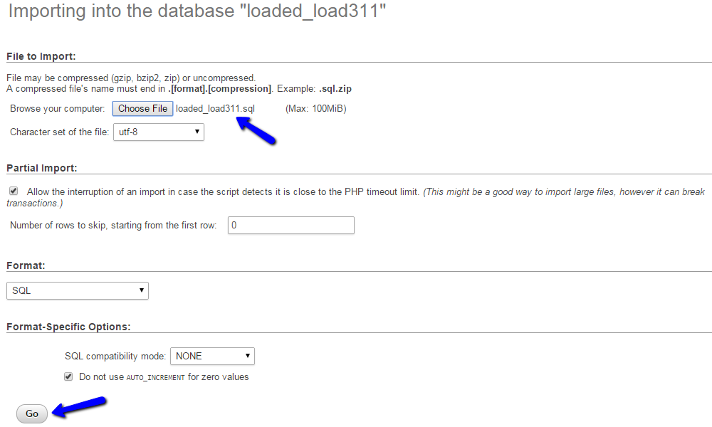 Import Loaded Commerce database via phpMyAdmin