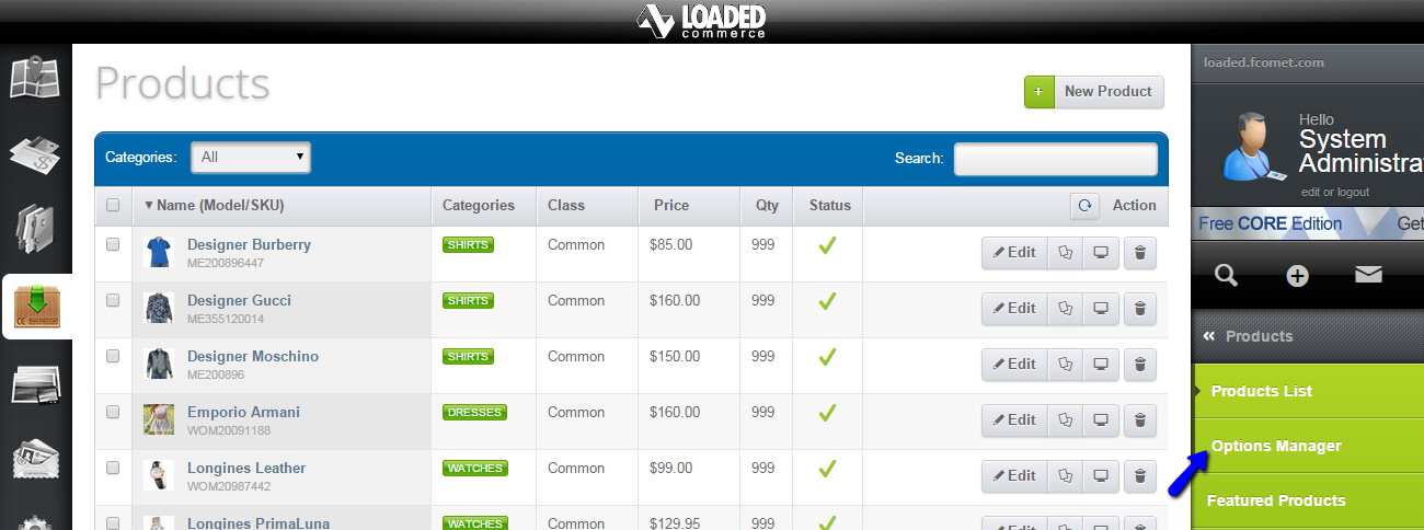 Access options manager in Loaded Commerce