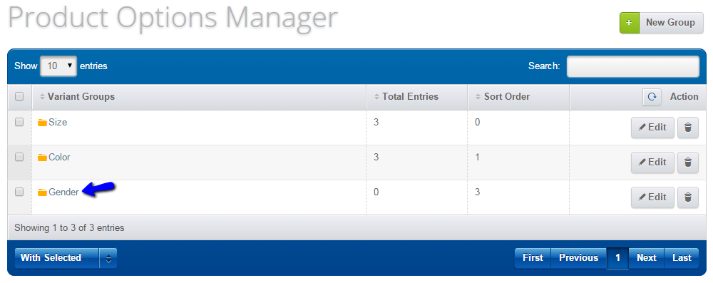 Access options group in Loaded Commerce