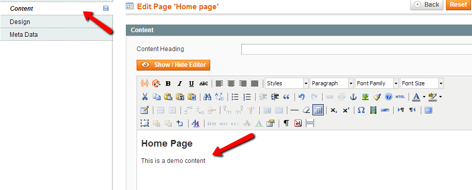 Magento content edit