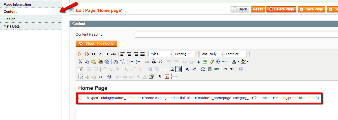 Magento home page content