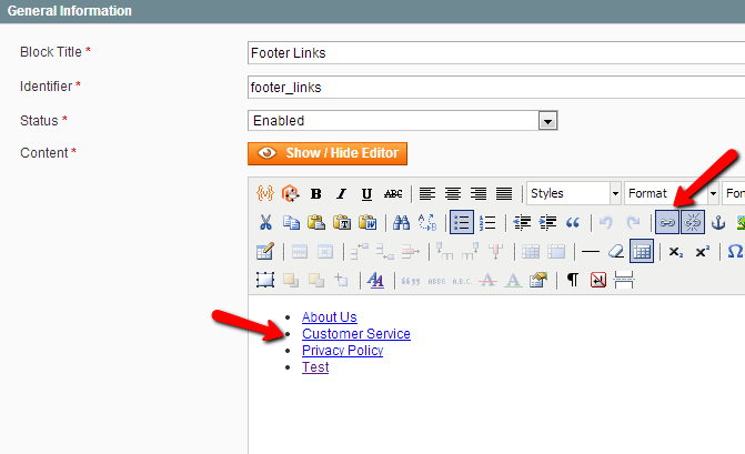 Magento Footer Links