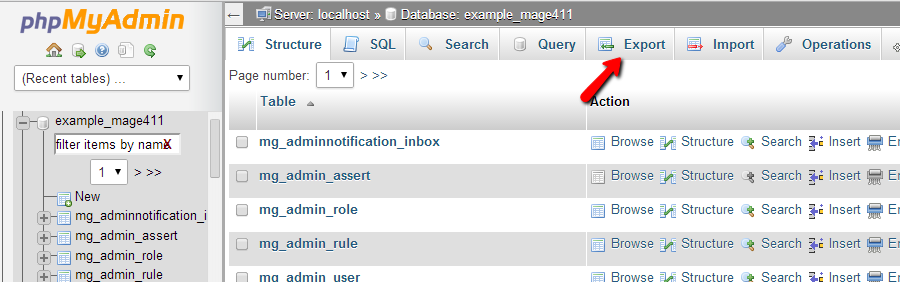 magento phpmyadmin interface