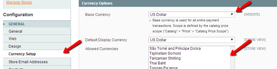 Configure magento currencies