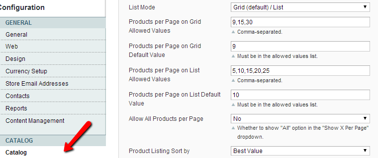 Magento Catalog Settings