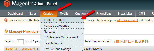 Magento Catalog menu