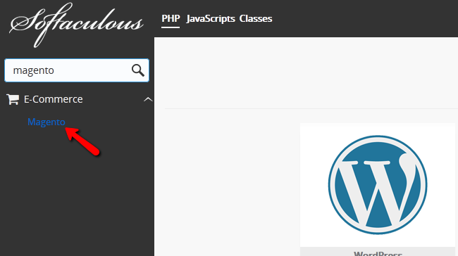 Searching for magento in the softaculous service
