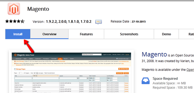 Accessing the Install tab in the Magento section
