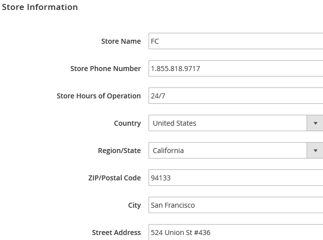 Filling out the Store Information in Magento 2