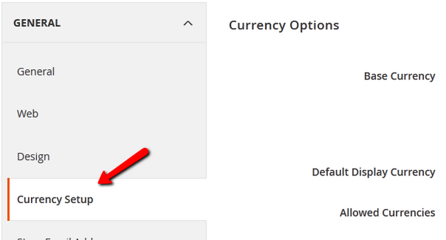 Accessing the Currency Setup page in Magento 2