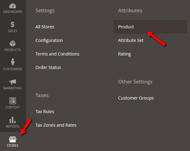 Accessing the Products Attributes menu in Magento 2
