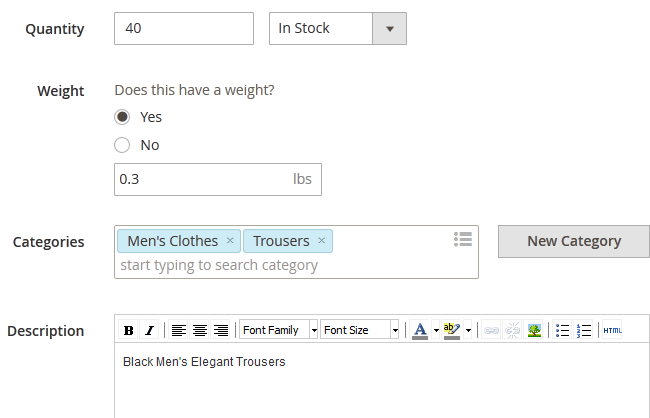 Configuring the quantity and category of a product