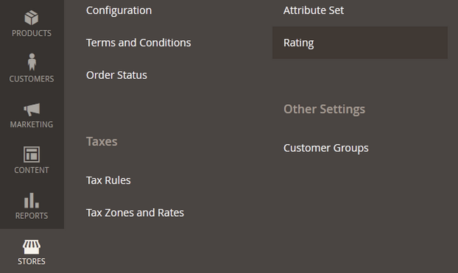 Accessing the Rating menu in Magento 2