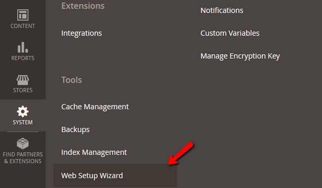 Accessing the Web Setup Wizard menu in Magento 2