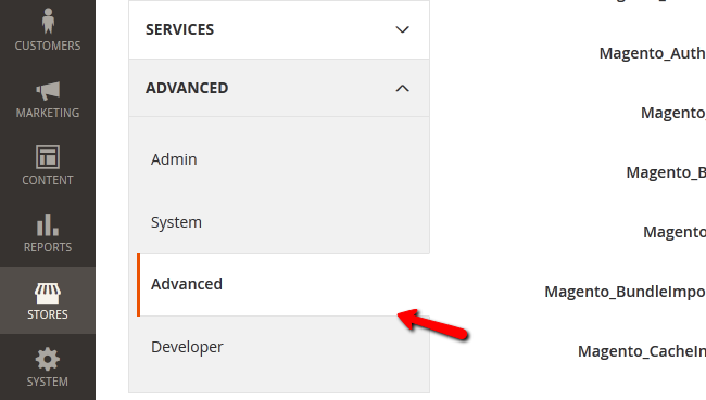 Accessing the Advanced section of your Magento 2 Configuration menu