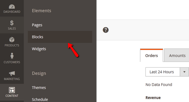 Accessing the Blocks menu in Magento 2