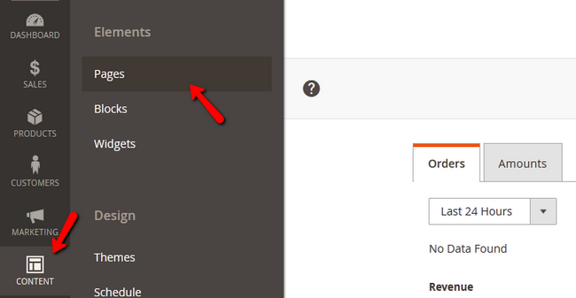 Accessing the Pages menu in Magento 2