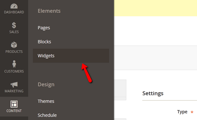 Accessing the Widgets menu in Magento 2