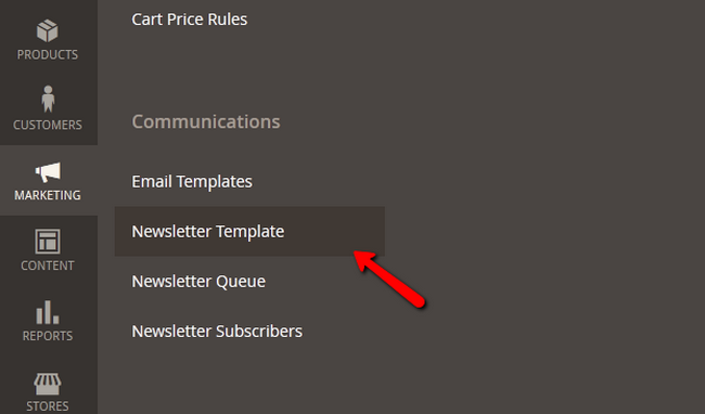 Navigating to the Newsletter Template section in Magento 2