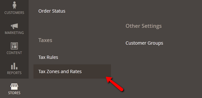 Accessing the Tax Rates menu in Magento 2