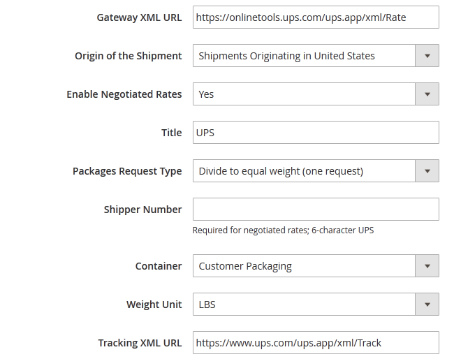 UPS Shipping Configuration Settings