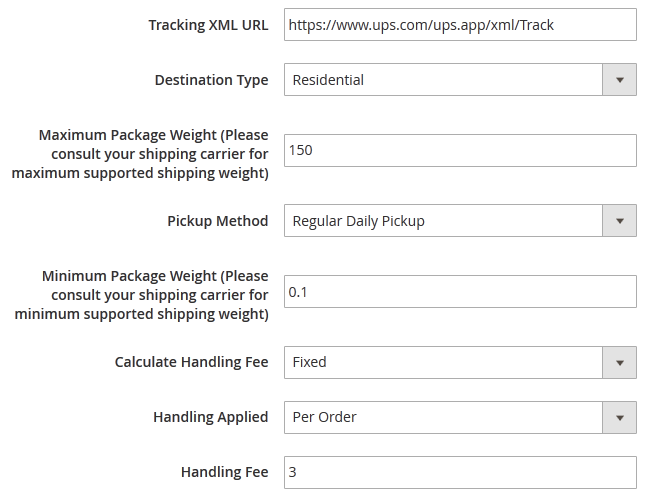 UPS Handling Fee and Package Weight settings