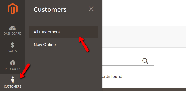 Accessing the Customers menu in Magento 2