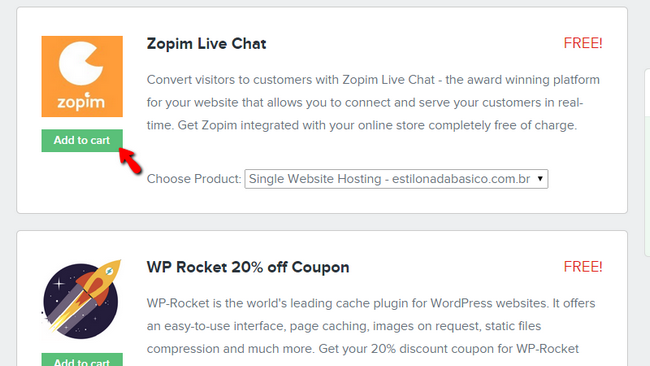 Adding the Zopim Live Chat addon to your cart for free