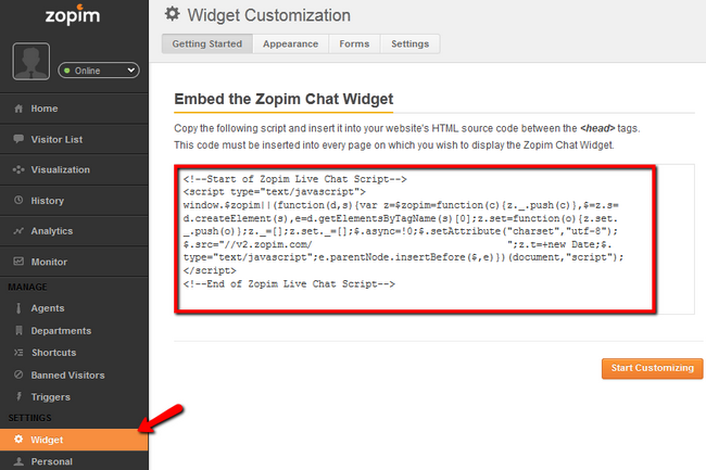 Copying the Zopim script from the widget menu of your zopim account