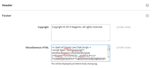 Pasting the Zopim Script in Magento 2 Footer
