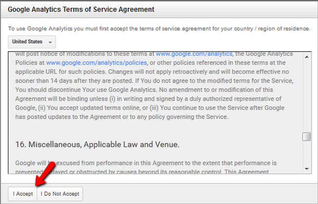 Accepting the Google Analytics Terms of Service