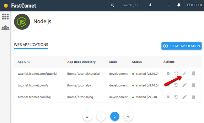 Accessing the app edit function via the nodejs selector