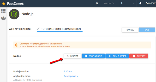 restarting a nodejs app via the selector