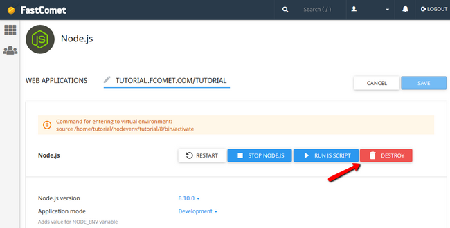 Deleting a project via the nodejs selector