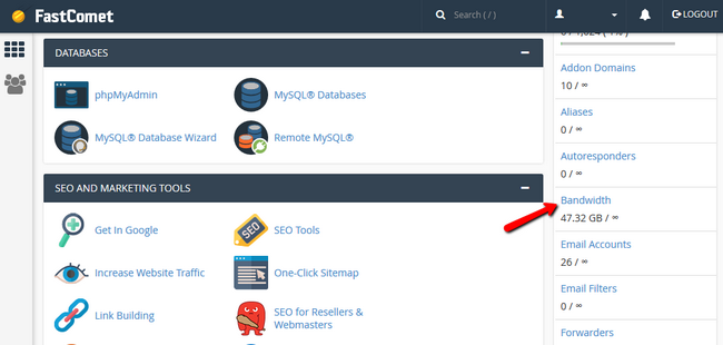 Accessing the Bandwidth statistics window via cPanel
