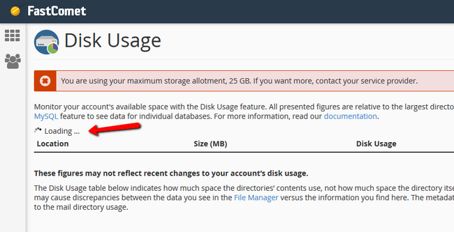 Being unable to load the disk usage statistic