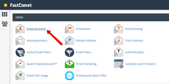 Accessing the Email Accounts section via the FastComet cPanel