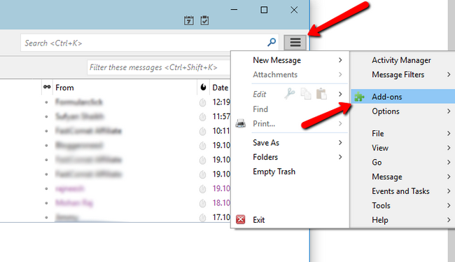 Accessing the add-ons menu in thunderbird