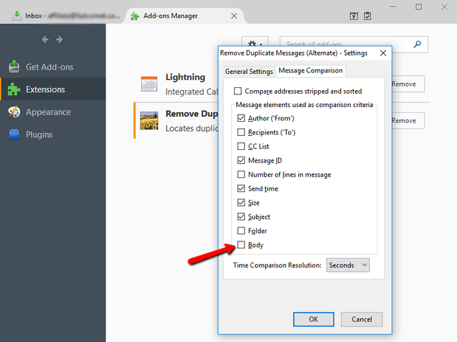 Configuring the Message Comparison settings of the Duplicate removal add-on