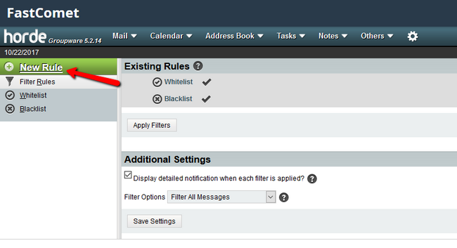 Creating a new Filter rule in Horde