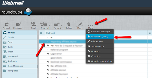 Exporting individual mails via Roundcube