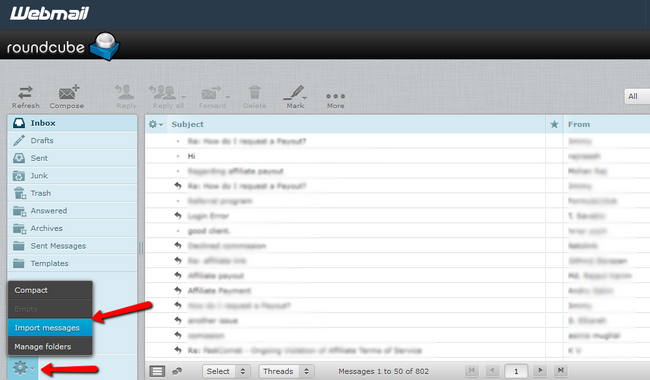 The process of importing mails in Roundcube