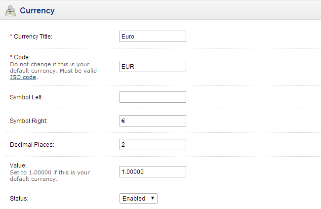 OpenCart currency setup