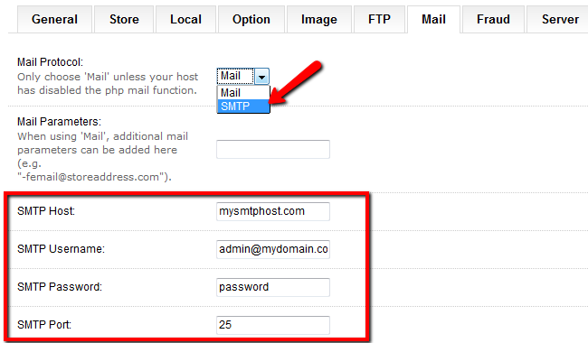 OpenCart SMTP Settings