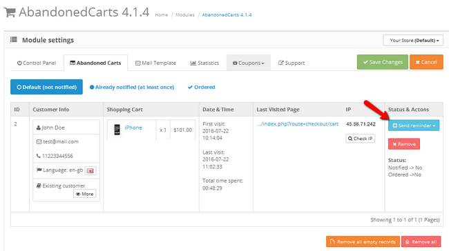 Preview of an abandoned cart in OpenCart 2