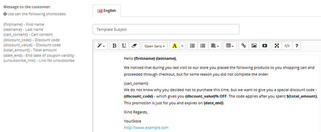 Configuring the email template for your customers