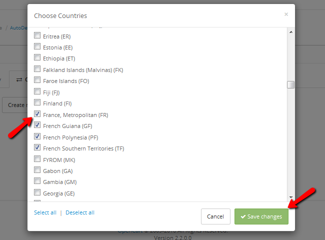Choosing French territories for auto detection and redirect to a french version of OpenCart 2