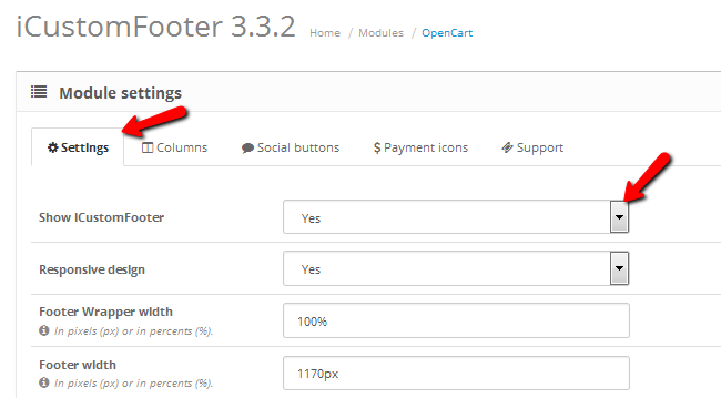 Navigating to the Settings tab of iCustomFooter and enabling the extension