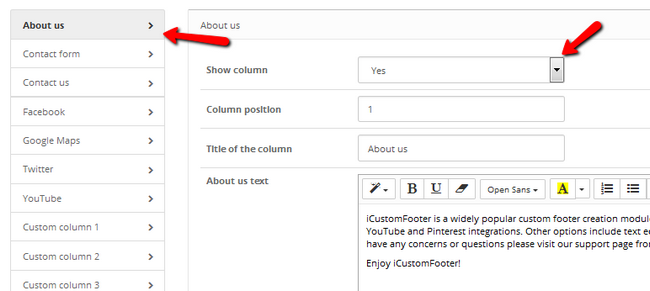 Editing the different columns provided by iCustomFooter