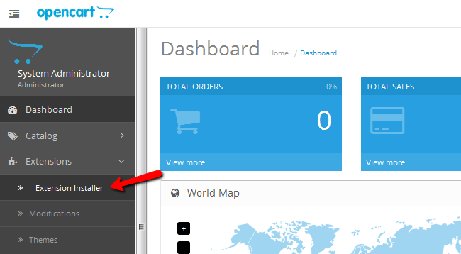 Accessing the Extension Installer in OpenCart 2